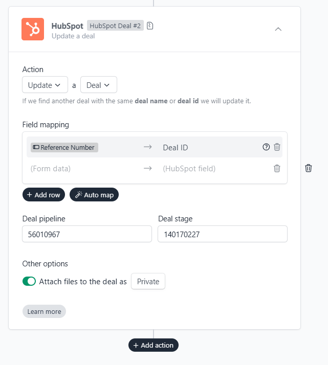 Example of a form workflow mapping to HubSpot